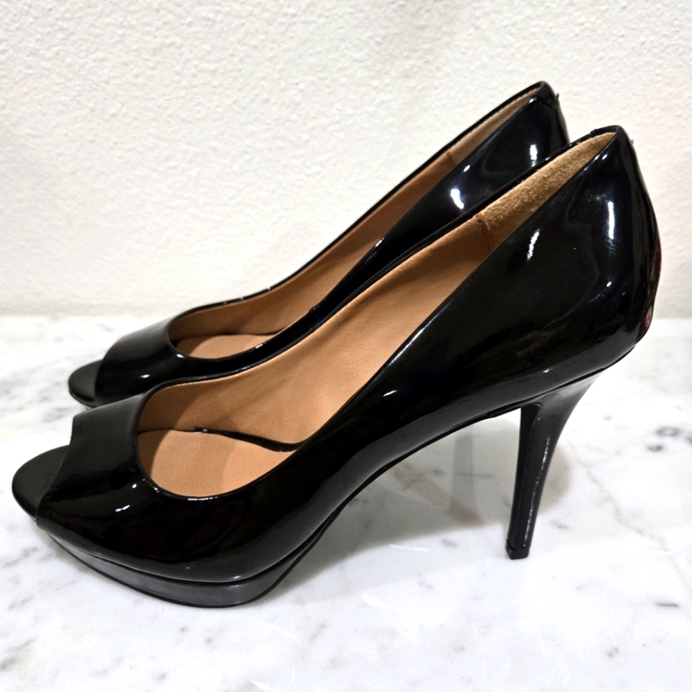 Saks Fifth Avenue Open Toe Black Patent Leather Stiletto Heels Size 7.5M